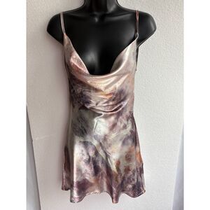 Satin Cowl Neck Slip Dress in Marble Print - Neutral Tones